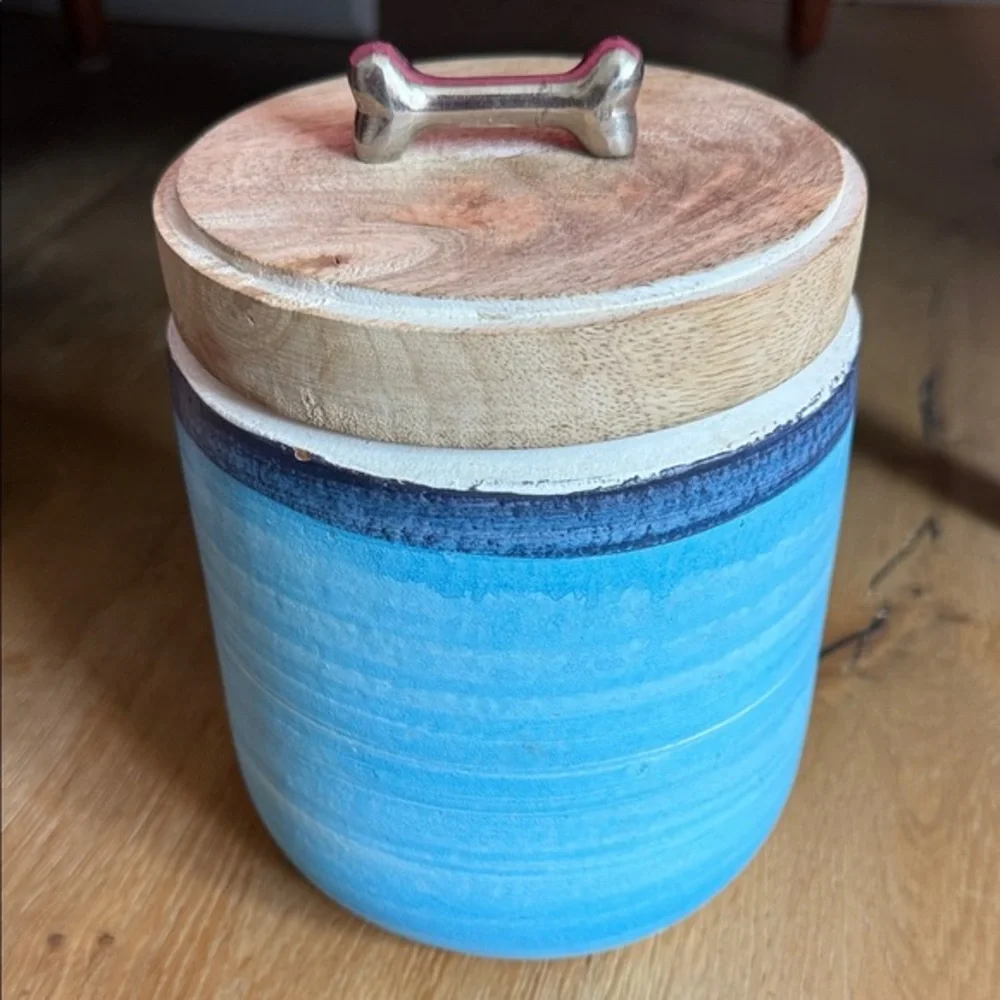 Blue and Wood Dog Treat Jar